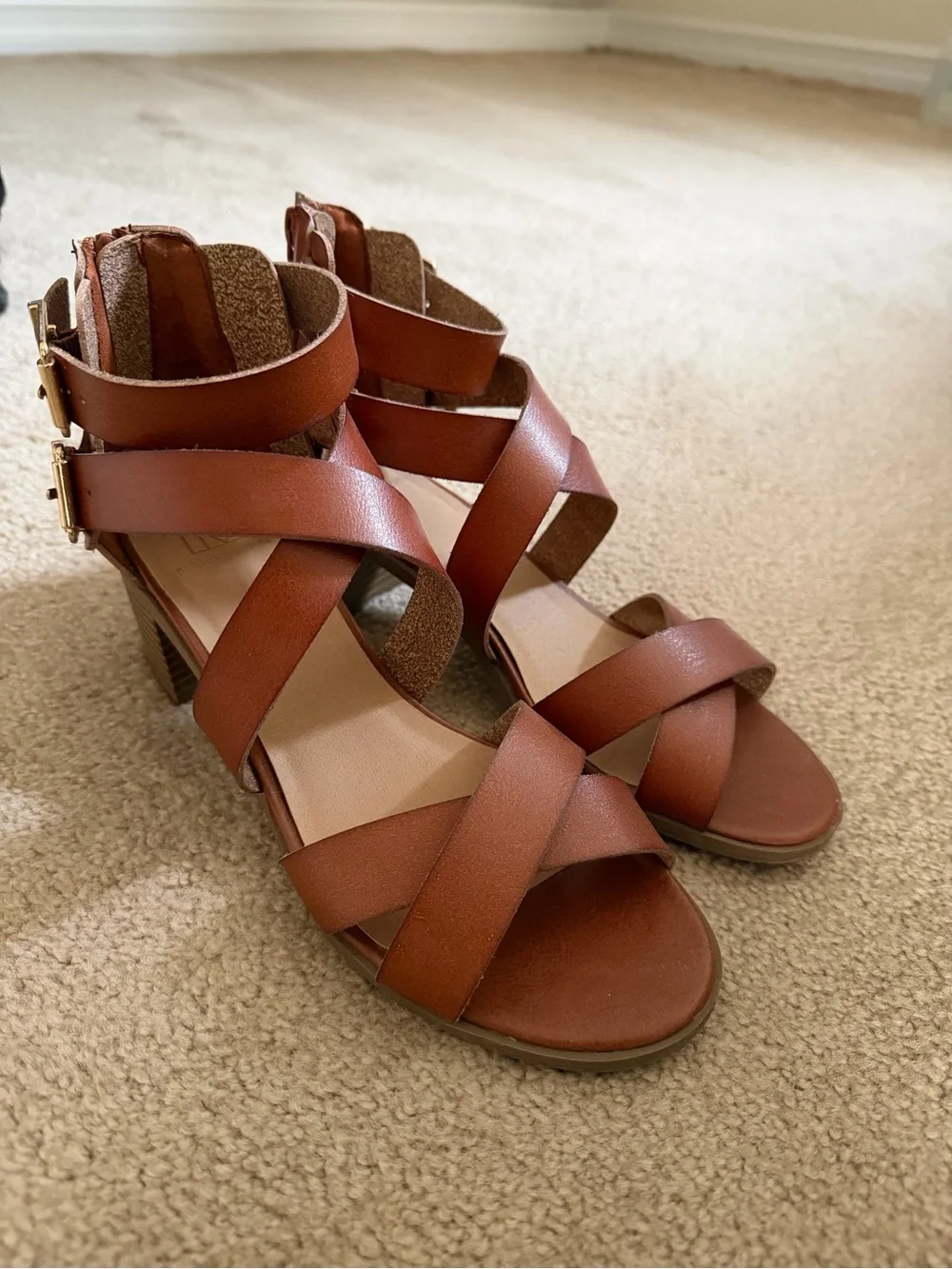 Material Girl Cognac Brown Strappy Block Heel Sandals